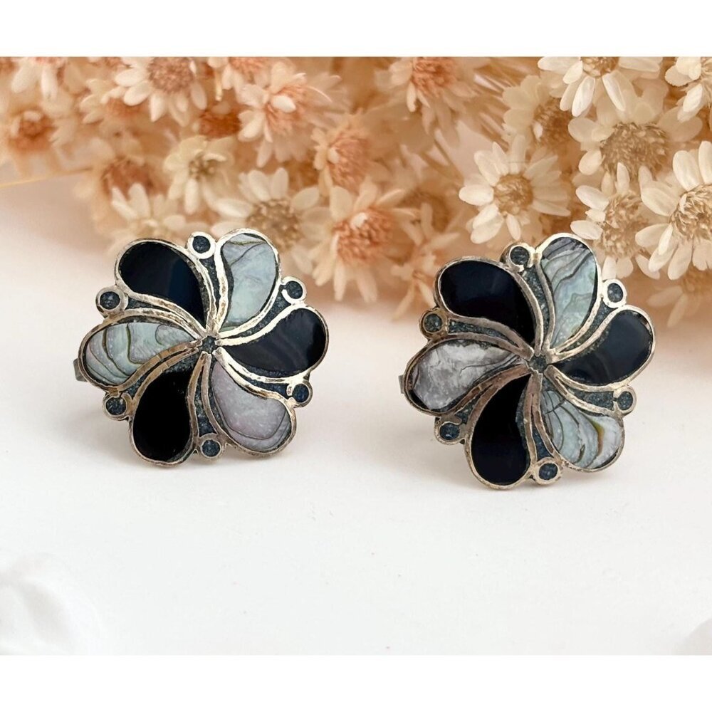 Pinwheel Abalone & Onyx Sterling Silver Taxco Mexico Stud Screw Back Earrings